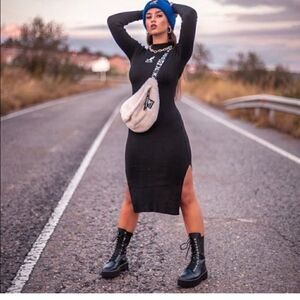 Kangol X H&M black ribbed knit midi calf length dress size XS